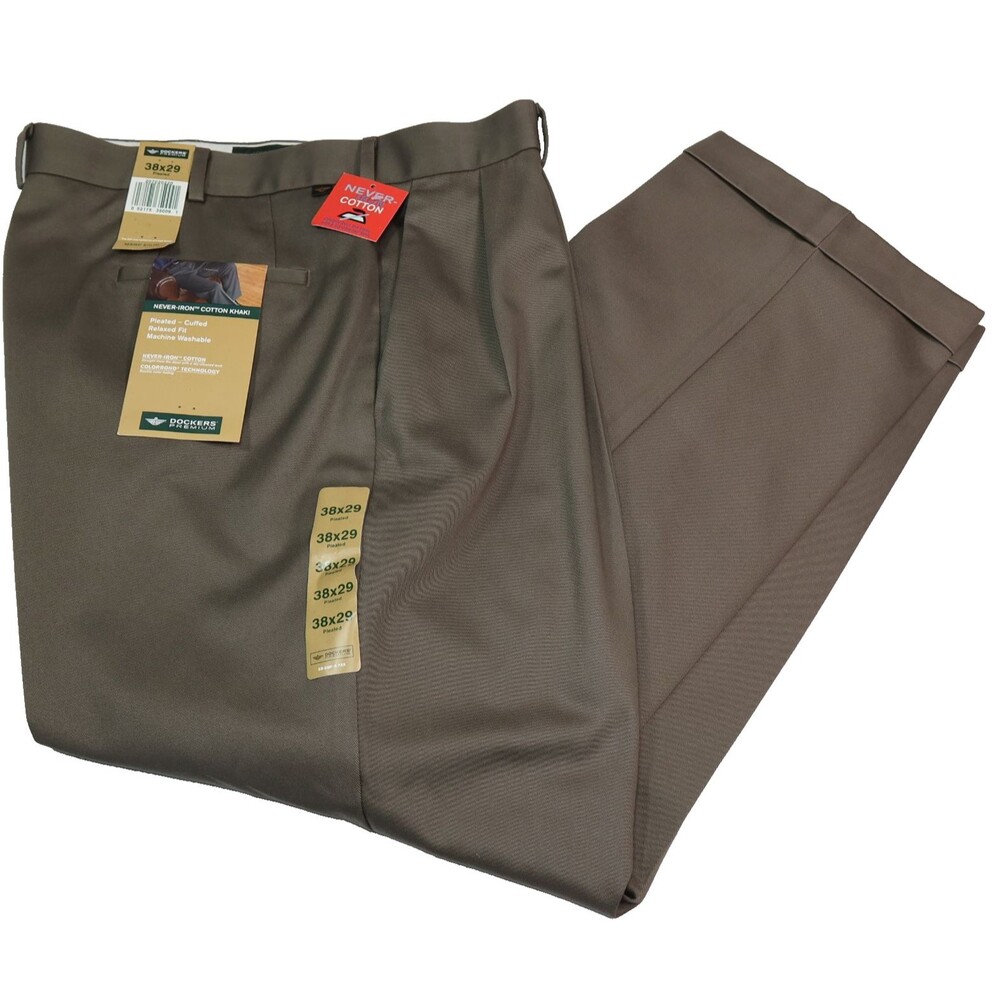 NEW Dockers Pleated Cuffed Pants Men's Size 38x29 Brown No-Iron Relaxed Fit NWT